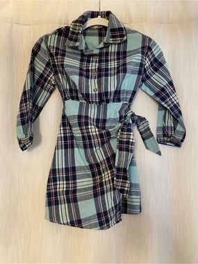 btween Plaid Tie-Waist Shirt Dress in Teal and Navy